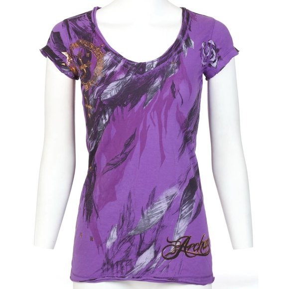 Archaic AFFLICTION Women's T-Shirt SECOND LOVE Feathers PURPLE Tattoo Biker $40 - Picture 4 of 8